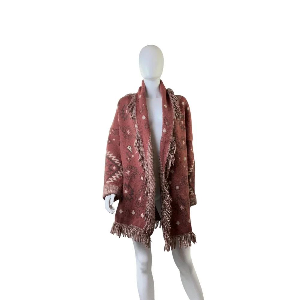 Womens Large Southwestern Fringe Open Front Cardigan Rust 12W2790N - Picture 13 of 16